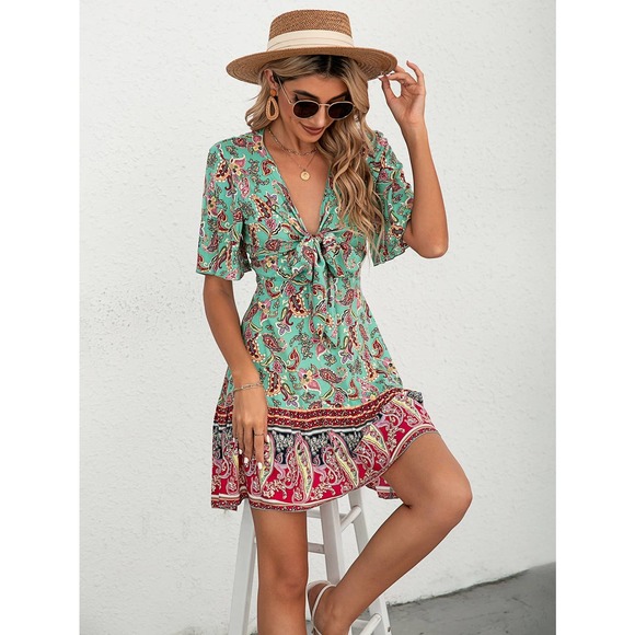 Paisley Floral Print Tie Front Flutter Sleeve Ruffle Hem Dress boho - Picture 6 of 6